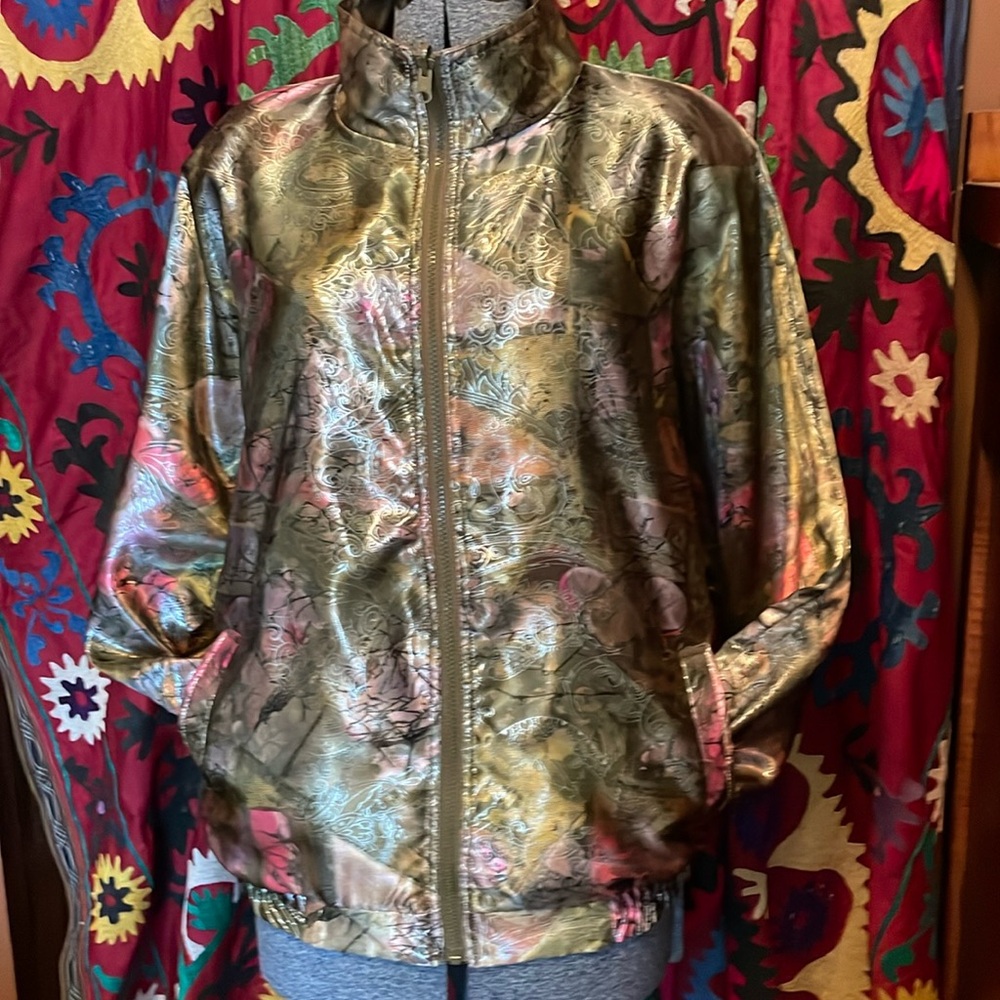 Vintage 80s reversible, silky jacket, paisley, iridescent gold bronze satin.